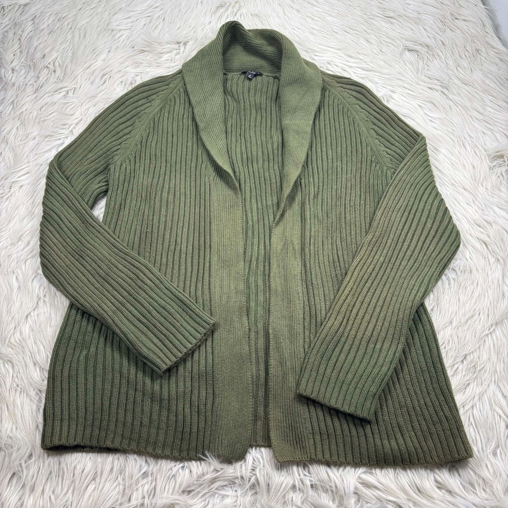 Talbots Women's M Green‎ Ribbed Shawl Collar Open Chunky Cardigan Cotton